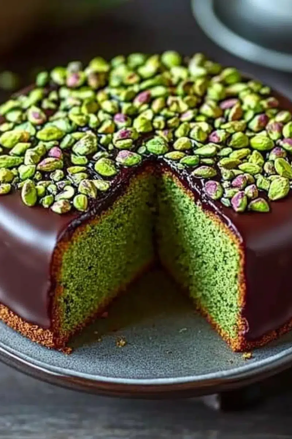 flourless pistachio cake with chocolate ganache