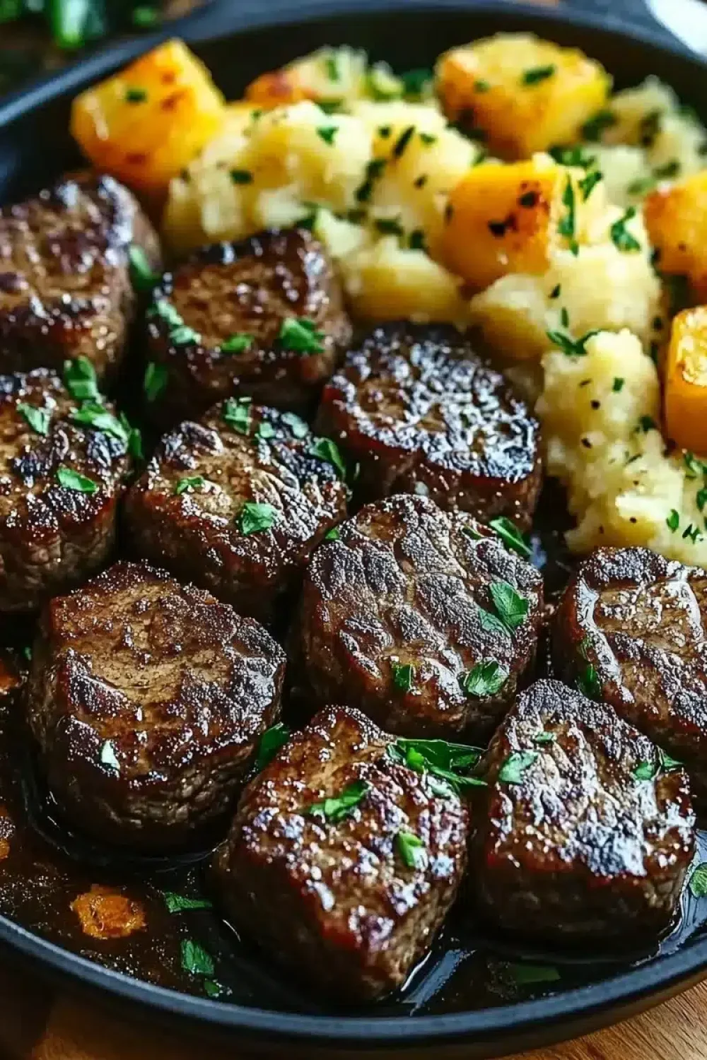 garlic butter steak bites and cheesy smashed potat
