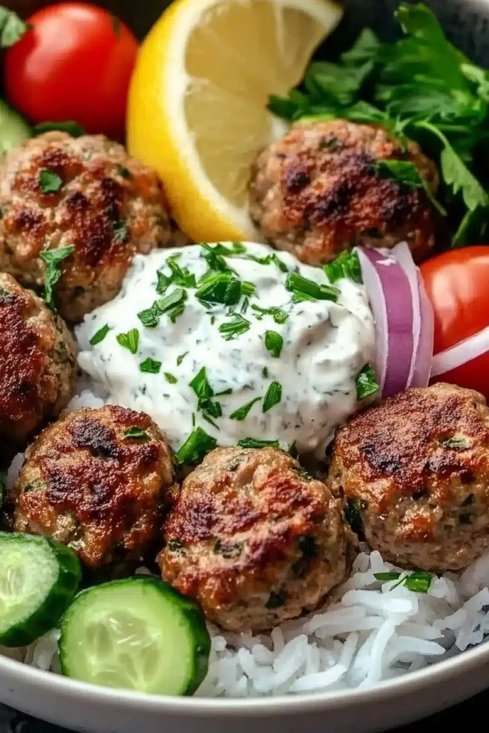 greek meatball bowl with tzatziki rice fresh ve